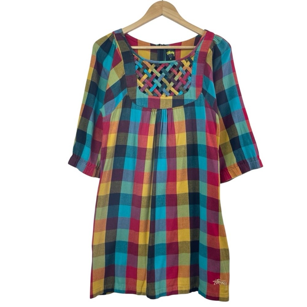 Stüssy Vintage Multicolor Woven Lattice Plaid Flannel Mini Dress Size Medium